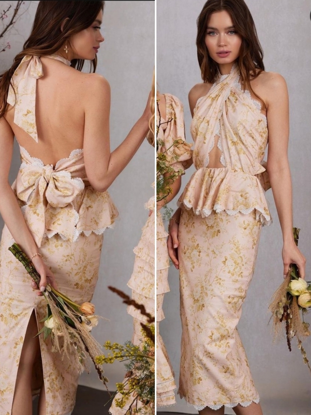 V. Chapman Blush Floral Backless Halter Peplum Dress